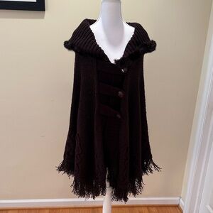 Chic Dark Brown Women's Poncho Sweater with Fringe and fur trim on top